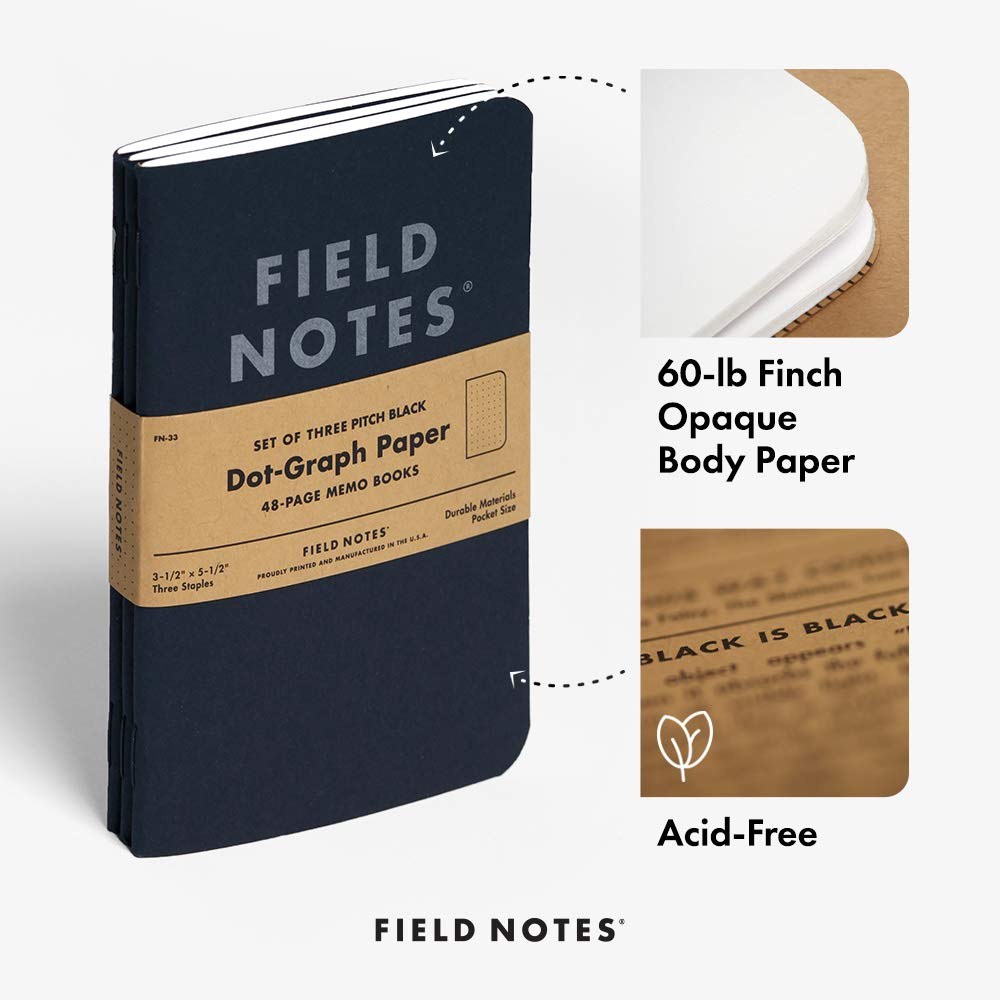 Field Notes Pitch Black Memo Book, Graph Paper, 3.5" x 5.5", Pack of 3