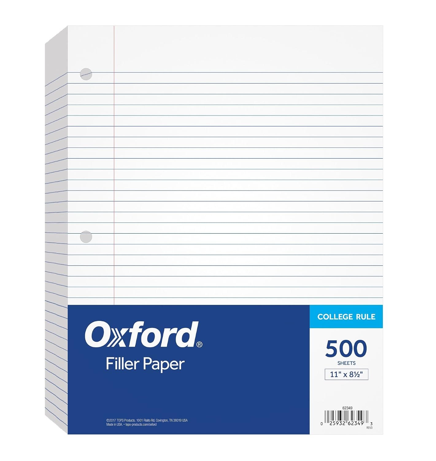 Oxford Filler Paper, College Ruled, 8.5" x 11", 500 Sheets, 3-Hole Punched